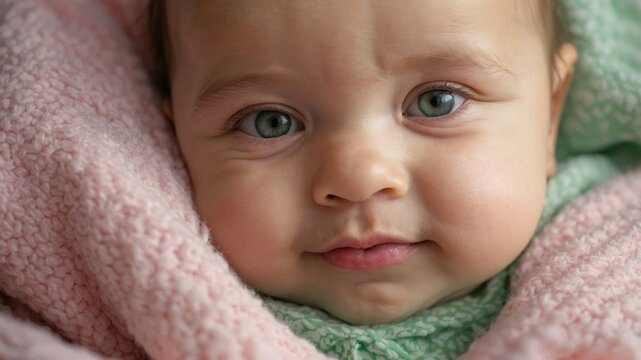 Close-up of a smiling baby with chubby cheeks, wrapped in a soft pink blanket, with bright green eyes and a softly blurred pastel background