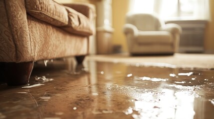 Water damage in living room, flooded floor, furniture.