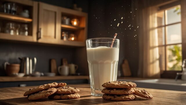 A glass of milk with cookies on a wooden table, evoking a cozy, inviting atmosphere.