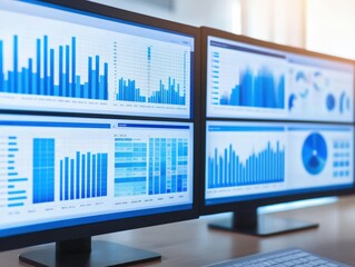 A setup featuring multiple monitors displaying various data visualizations and graphs.