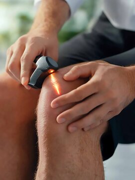 A doctor tapping a patient&acirc;&euro;&trade;s knee with a reflex hammer during a neurological exam, with a focus on the reflex hammer and patient&acirc;&euro;&trade;s knee in the shot
