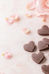 Obraz premium A beautiful display of heart-shaped dark chocolate pieces arranged on a soft blush background, surrounded by delicate rose petals and golden accents. Perfect for Valentine's Day