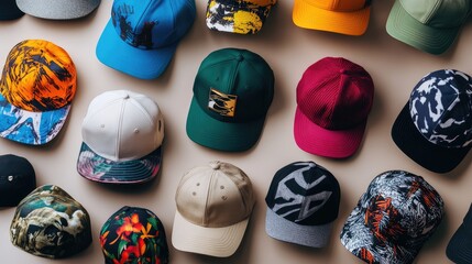 A variety of caps on display including snapbacks beanies and visors in various styles and colors