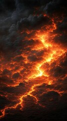 Fototapeta premium A dramatic depiction of dark clouds illuminated by fiery streaks of light.