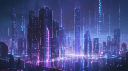 Obraz premium 5G smart city night skyline with digital connections and neon lights