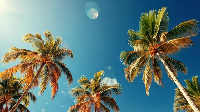 Blue sky and palm trees view from below tropical beach and summer background.