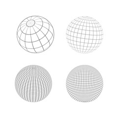 Collection of various designs of wireframe globes. Globe icon vector illustration design. Globe grid spheres. Striped 3D wireframe spheres. Geometry globe grid. earth latitude and longitude line.