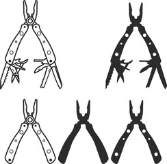 Set of multitool icons, silhouette and line in black, multitool with expanded tools and partially expanded in the form of pliers.