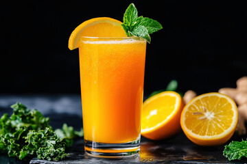 Fototapeta premium Refreshing citrus drink with mint garnished and vibrant orange slices on the side in a stylish setting