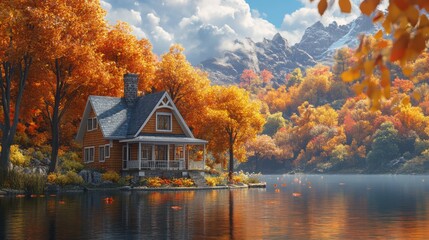 Fototapeta premium Serene autumn cottage by lake peaceful reflection