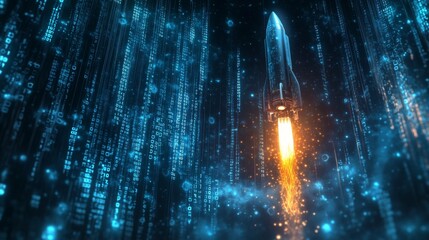 A conceptual image of a digital rocket lifting off in a glowing binary code background, symbolizing tech advancements