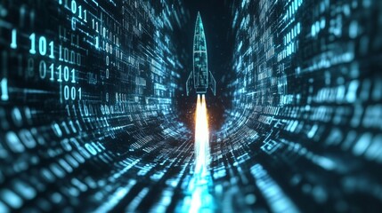 A conceptual image of a digital rocket lifting off in a glowing binary code background, symbolizing tech advancements