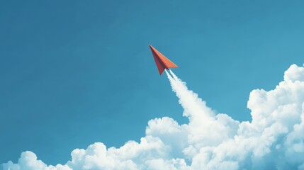 A paper plane flying upward through clouds, symbolizing innovative ideas and progress