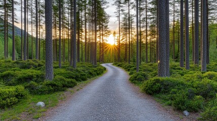 Obraz premium Explore a serene dirt path flanked by tall pine trees, illuminated by the gentle glow of late afternoon sunlight, inviting tranquility