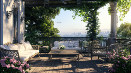 Obraz premium serene outdoor patio with comfortable seating, lush greenery, and city views. Perfect for relaxation and gatherings