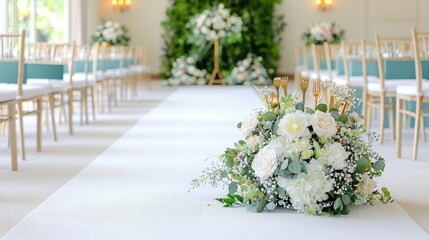 Fototapeta premium Elegant white floral arrangement sits on a white carpet runner along a wedding ceremony aisle lined with chairs.