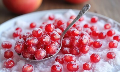 Vibrant red fruit on icy sugar