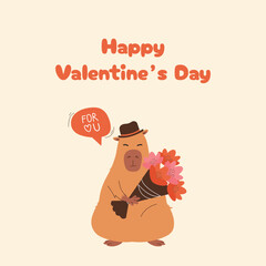 Valentine's Day card With cute capybara gentleman with bouquet of flowers. Flat design for greetings, cards, flyers, posts. Vector