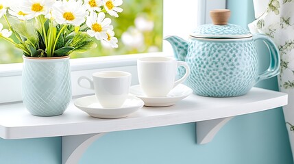 Fototapeta premium Serene Tea Time White Cups Teal Teapot Daisies