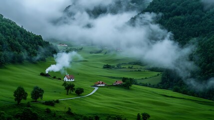 Obraz premium Misty mountain valley homes, scenic road, green hills. Use Travel brochure