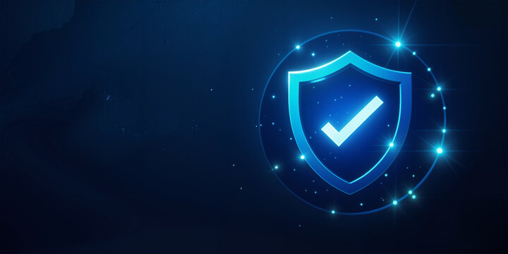 blue glowing security protection shild background with a  tick mark