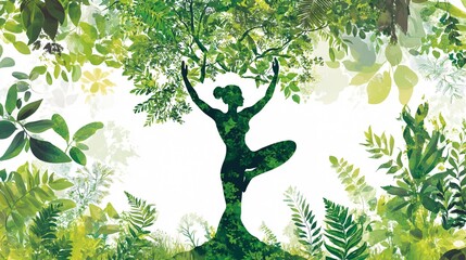 Serene woman doing tree yoga pose in nature - Mindfulness and relaxation concept