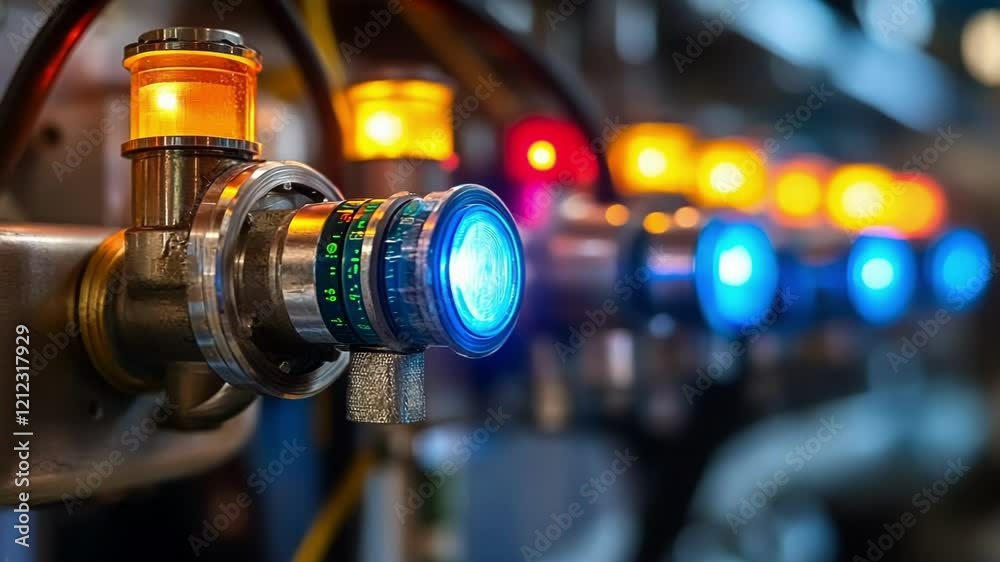 Poster a closeup of sensors embedded in machinery with colorful led indicators flashing representing the tr