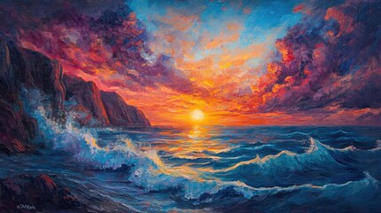 Fototapeta premium Vibrant sunset over dramatic cliffs and ocean waves, creating a dynamic and peaceful seascape