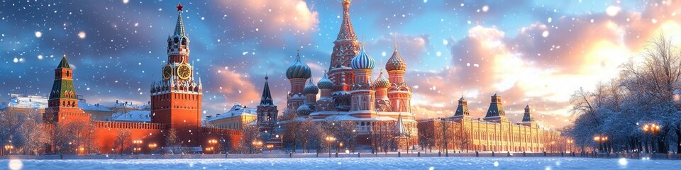 Fototapeta premium Snowy Red Square in Moscow, St. Basil's Cathedral surrounded by winter beauty, low poly style captures the iconic architecture and serene atmosphere