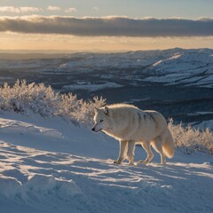 Naklejka premium A Vivid National Geographic Style Representation of a White Fox in a Pristine Snowy Landscape Flanked by Frosted Trees.An Arctic fox in a snowy tundra with mountains in the background. 