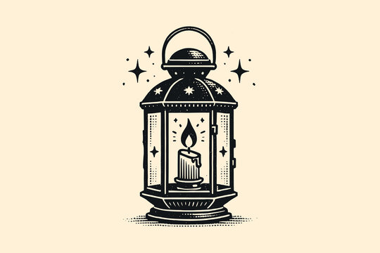 Vintage lantern with candle inside, black ink vector illustration