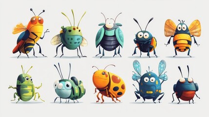 Naklejka premium Cheerful cartoon insect collection insect beetle bug ladybug illustration graphic design art nature wildlife animal colorful whimsical bright