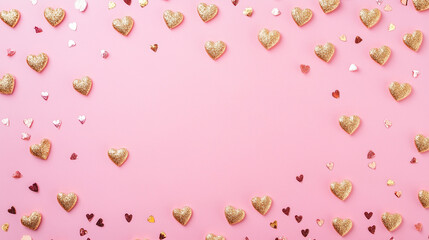 Pink background with a gold confetti hearts border