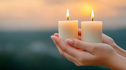 Hands holding two lit candles against a soft sunset backdrop creating a serene and warm atmosphere