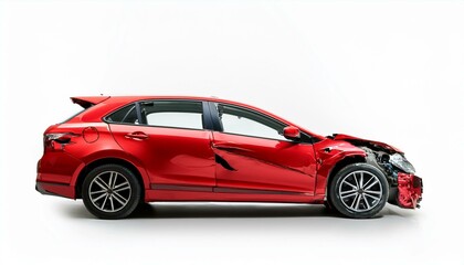 red car hatchback with a dent after an accident isolated on white background copy space copy space...