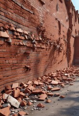 Panoramic view of a damaged red brick wall with debris and rubble scattered around , chaotic., ruinous