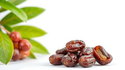 Fototapeta premium Fresh and succulent dates fruit arranged neatly on a white background, Middle East, tropical, healthy
