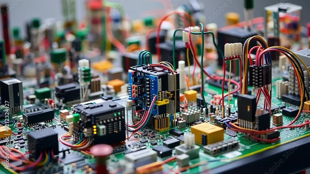 Poster an array of sensors and circuit boards stacked neatly on a training workstation each piece interconn