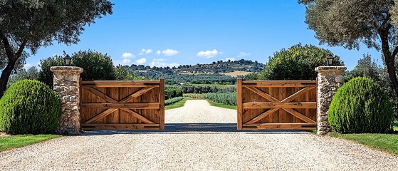 Wooden gate installation at a countryside farmhouse, rustic charm, Gate fence installation, traditional style