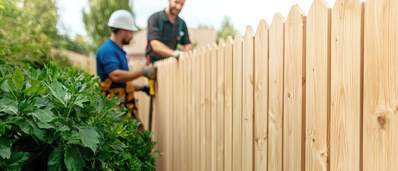 Team of builders erecting a wooden privacy fence in a suburban backyard, lush greenery, Gate fence installation, enhancing privacy