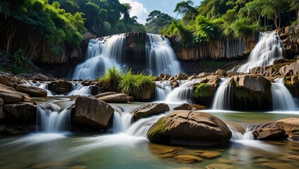 Fototapeta premium Tropical rainforest landscape with flowing Pongour waterfall in Vietnam. Four images panorama 