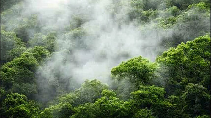 Mist envelops lush green forest at dawn, creating a mystical atmosphere in nature's serene landscape