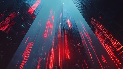Naklejka premium Cyberpunk Cityscape: Ascent into the Digital Metropolis
