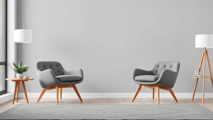 Fototapeta premium Stylish gray armchair with wooden legs in modern living room setting, cozy, legs