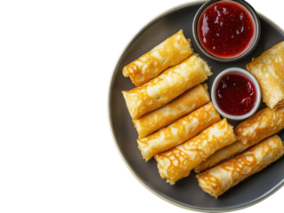 Top view of rolled pancakes on a plate on white background