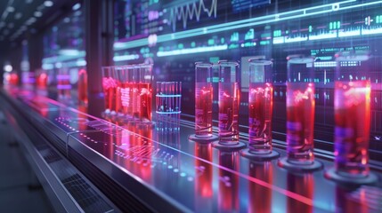 Medical research lab with glowing test tubes and digital charts