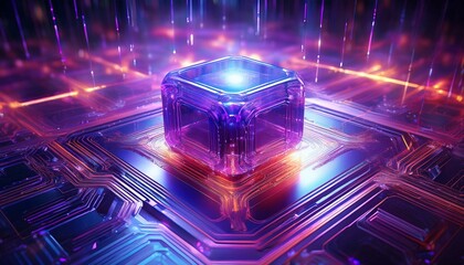 crystalline core a futuristic glowing cube rests at the heart of a vibrant purple circuit board symbolizing technological innovation and the power of computing
