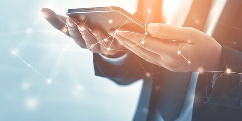 Businessperson using smartphone, network connection overlay.