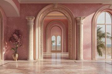 Fototapeta premium Elegant Pink Palace Hallway with Archways and Ocean View