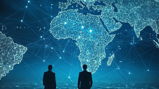 Global Network Vision: Two business figures stand silhouetted against a backdrop of a digitally connected world map, symbolizing global reach, interconnectedness, and strategic vision. 